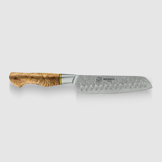 CUCHILLO SANTOKU JAPONES | SUISH by RobeGrill Medida: 7 pulgadas Hoja: 67 Capas de acero de Damasco Mango: Madera de sicómoro exótico