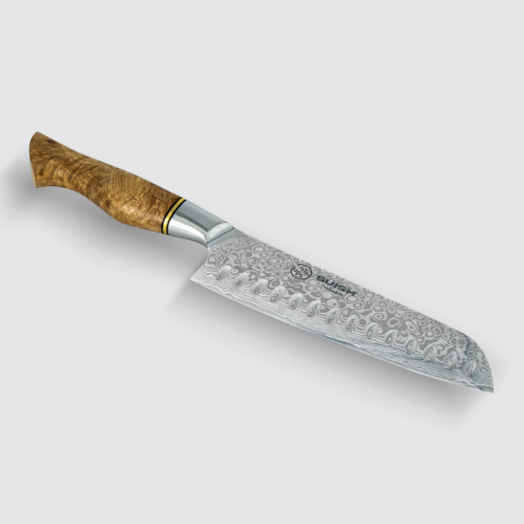 CUCHILLO SANTOKU JAPONES | SUISH by RobeGrill Medida: 7 pulgadas Hoja: 67 Capas de acero de Damasco Mango: Madera de sicómoro exótico