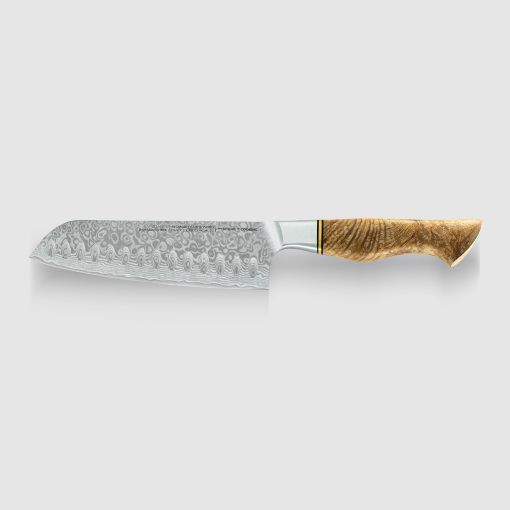 CUCHILLO SANTOKU JAPONES | SUISH by RobeGrill Medida: 7 pulgadas Hoja: 67 Capas de acero de Damasco Mango: Madera de sicómoro exótico