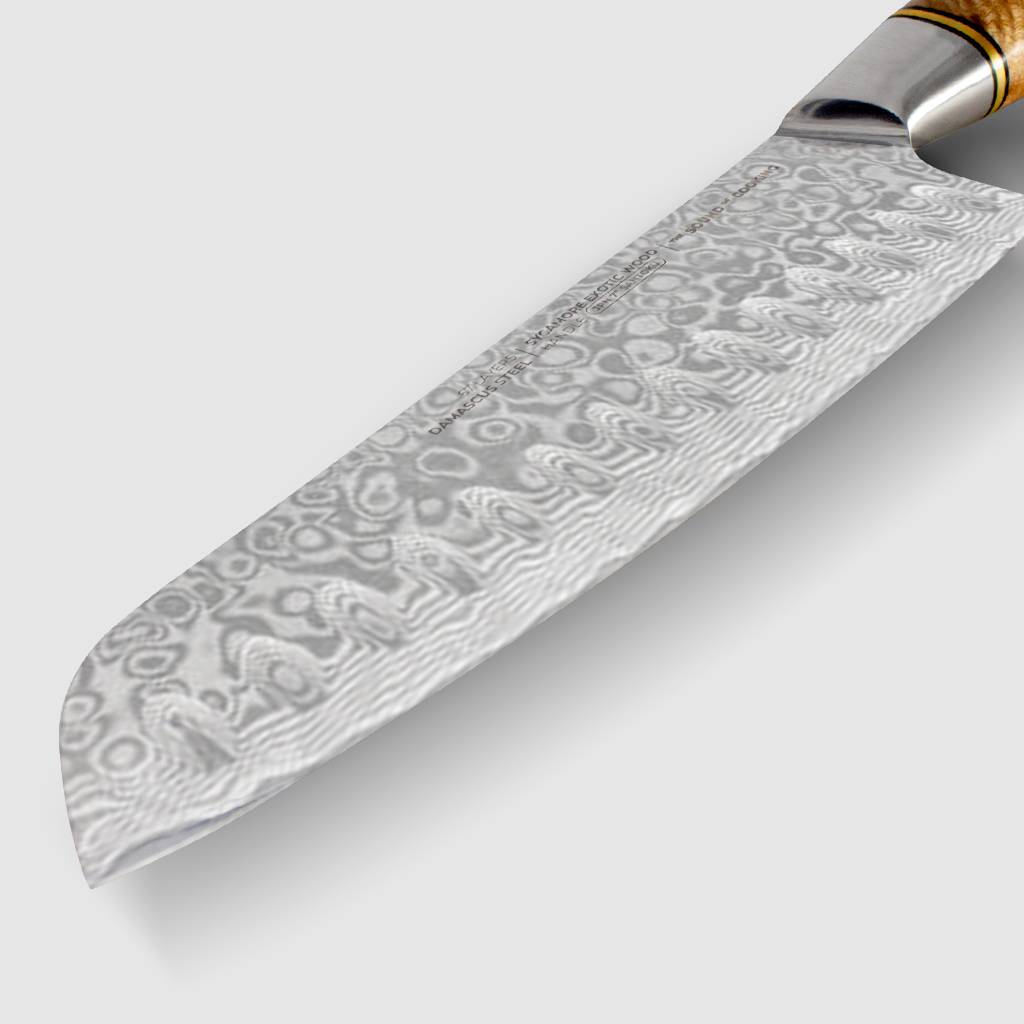 CUCHILLO SANTOKU JAPONES | SUISH by RobeGrill Medida: 7 pulgadas Hoja: 67 Capas de acero de Damasco Mango: Madera de sicómoro exótico