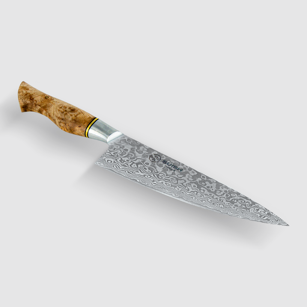 Cuchillo Santoku con 33 capas en acero de Damasco y hoja martillada
